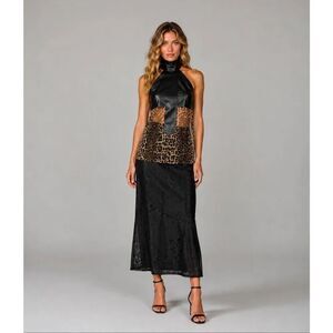 Vintage Givenchy Paris Silk Leopard Animal Print Lamb Leather Halter Top FR 36 U